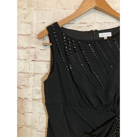 Grace Hill Midi Dress Womens 14 Black LBD Beaded Draped Ruched Sleeveless Sheath - Picture 10 of 15